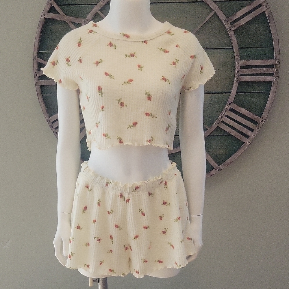 Urban Outfitters Out From Under Luna Lettuce Edge Waffle Knit Crop Top And Short